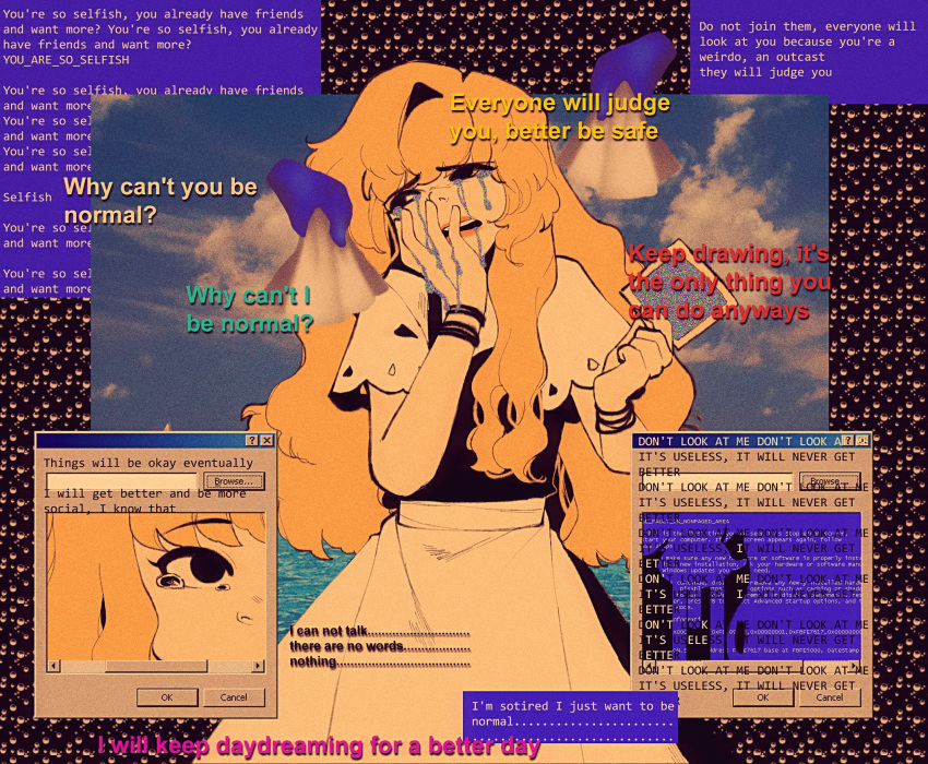 1girl, apron, black_dress, blonde_hair, blue_screen_of_death, bracelet, capelet, clouds
