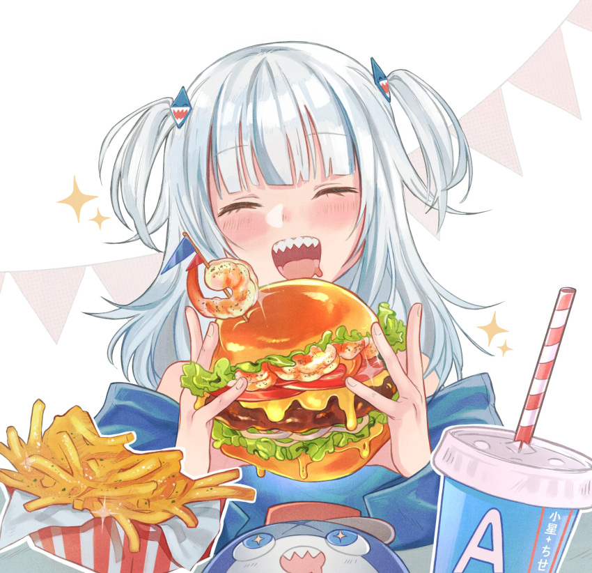 :d, bangs, bloop_(gawr_gura), blue_eyes, blunt_bangs, blush, burger, chiseoyasumi