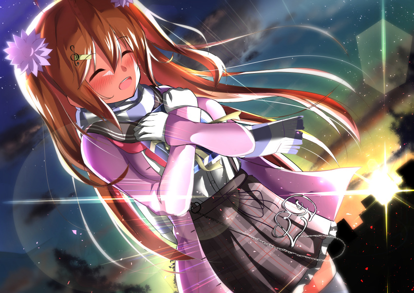 1girl, absurdres, birthday, blush, brown_hair, cityscape, closed_eyes, clouds