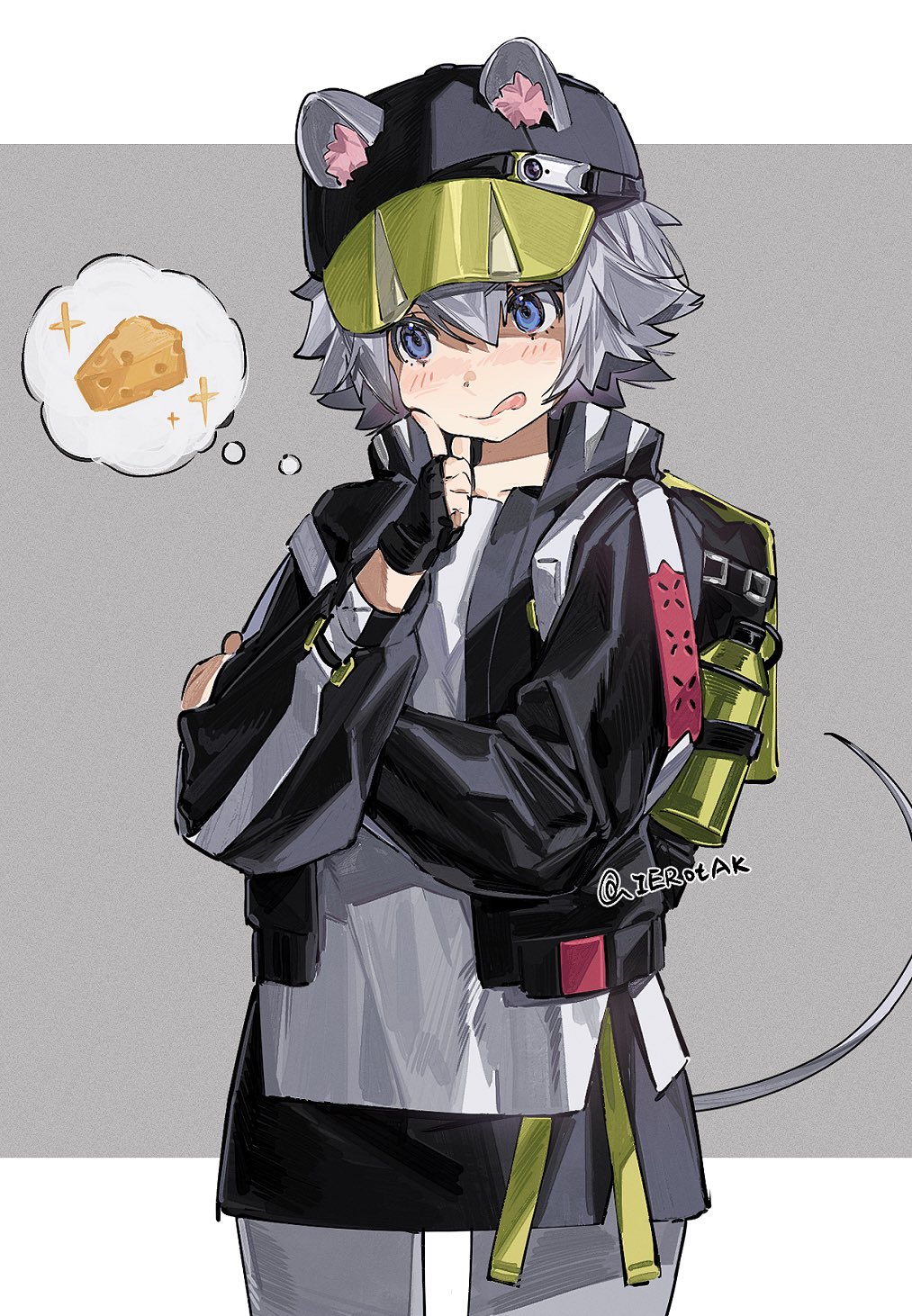 1girl, animal_ears, arknights, backpack, bag, baseball_cap, black_gloves, black_headwear