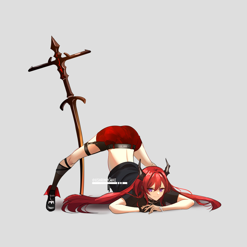 1girl, alternate_costume, arknights, artist_name, belt, crop_top, horns, jack-o'_challenge