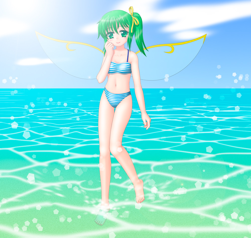 barefoot, bikini, daiyousei, green_eyes, green_hair, oka_takeshi, side_ponytail, smile
