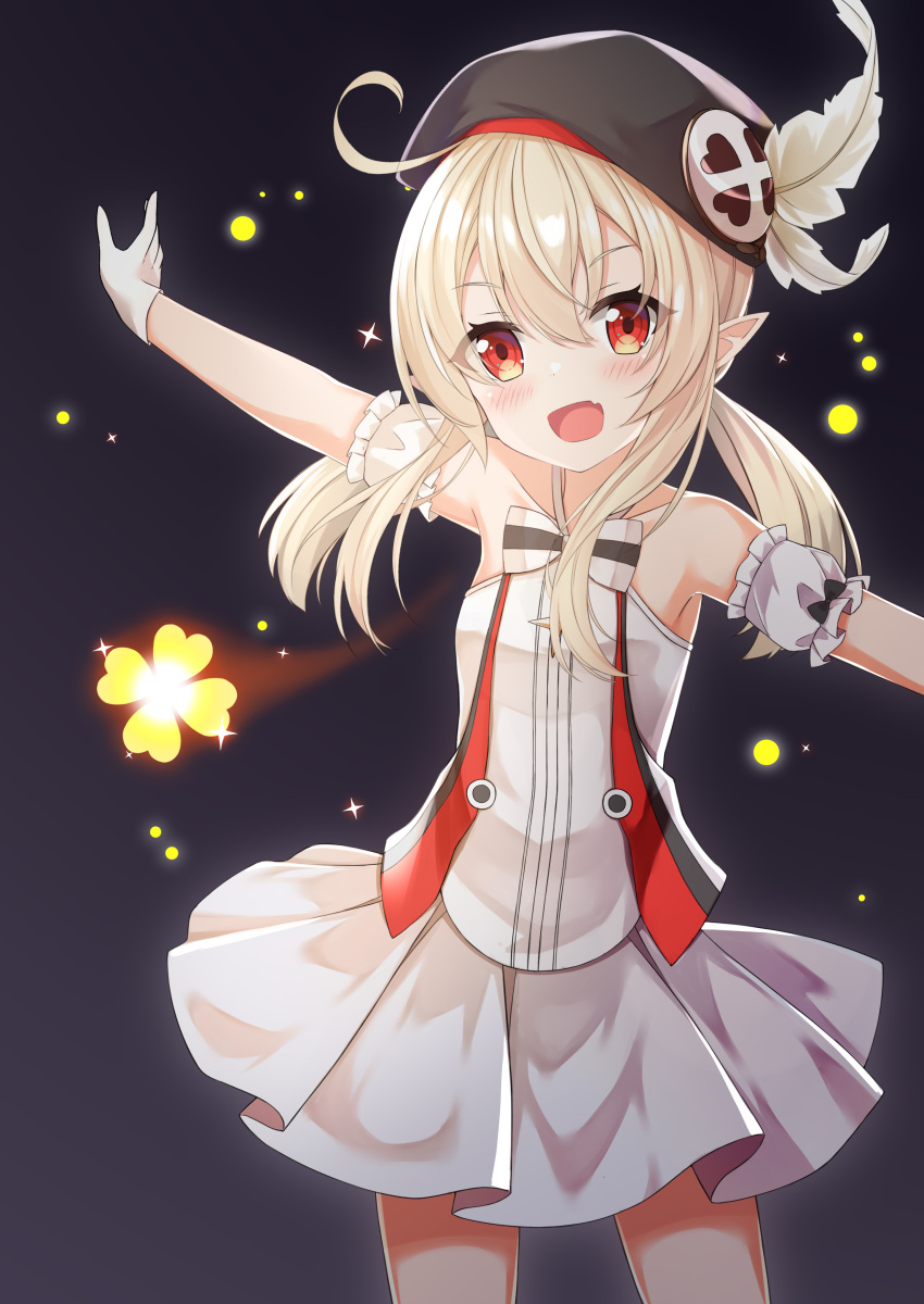 1girl, :d, absurdres, ahoge, bangs, clover_print, commentary_request, eyebrows_visible_through_hair