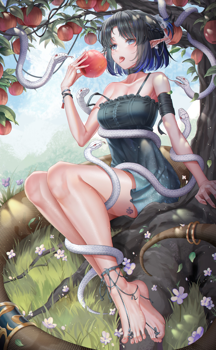 1girl, absurdres, anklet, apple, apple_tree, arknights, arm_wrap, barefoot