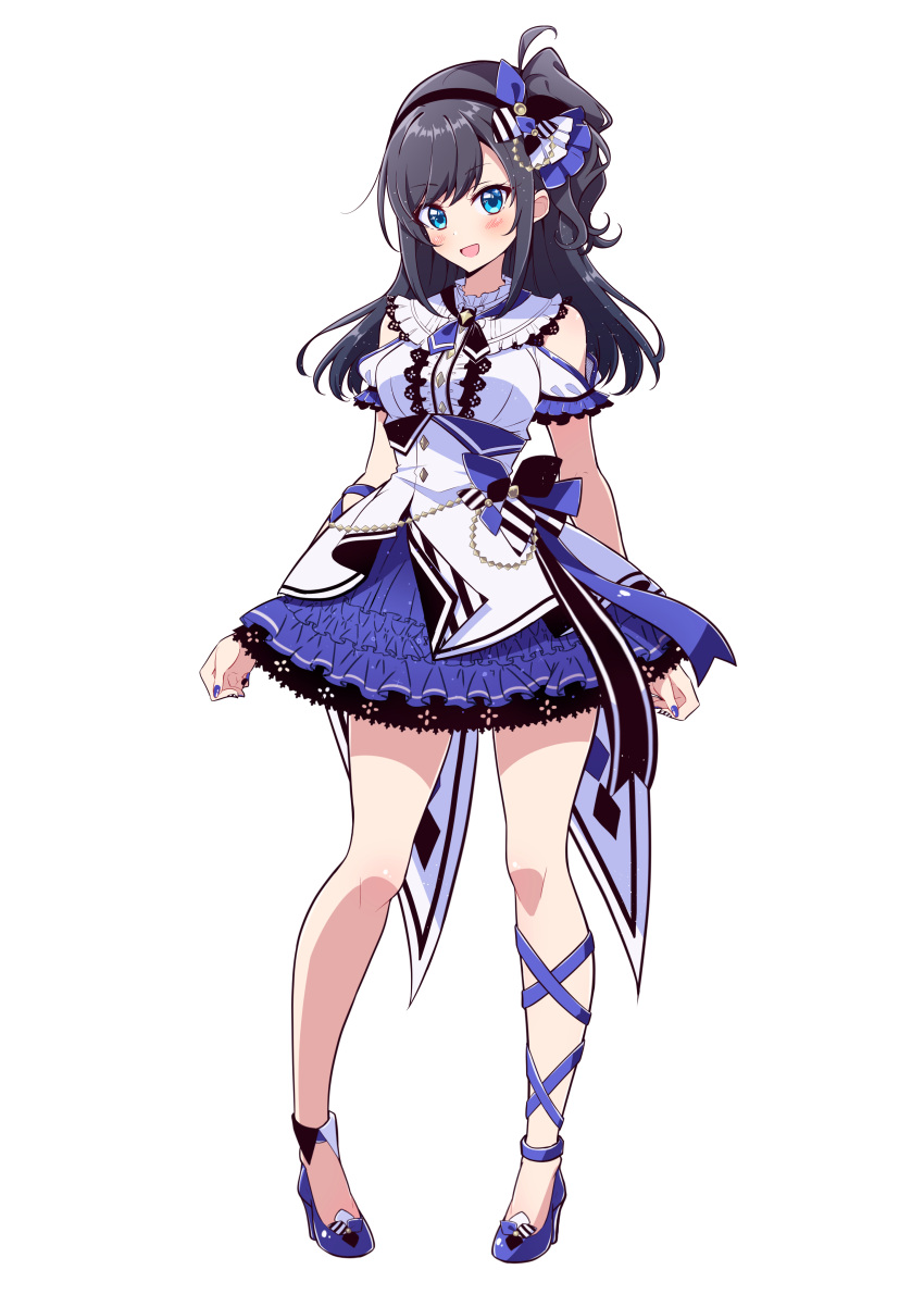 1girl, absurdres, bangs, black_hair, blouse, blue_eyes, blue_footwear, blue_neckwear
