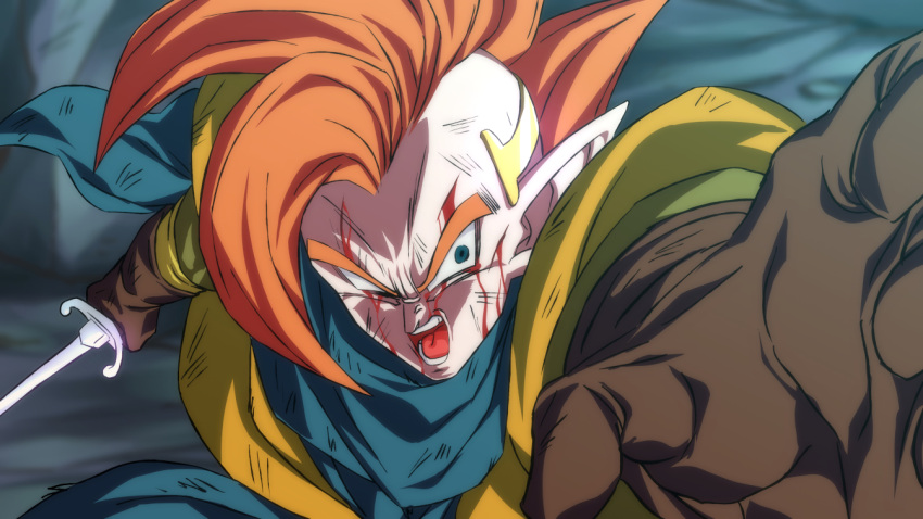 1boy, blood, blood_on_face, brown_gloves, bruise, dragon_ball, dragon_ball_z, gloves