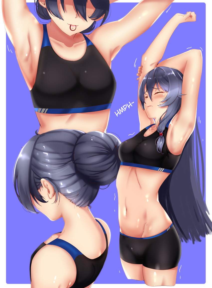 absurdres, adjusting_hair, alternate_hairstyle, armpits, arms_up, back, bangs, black_hair
