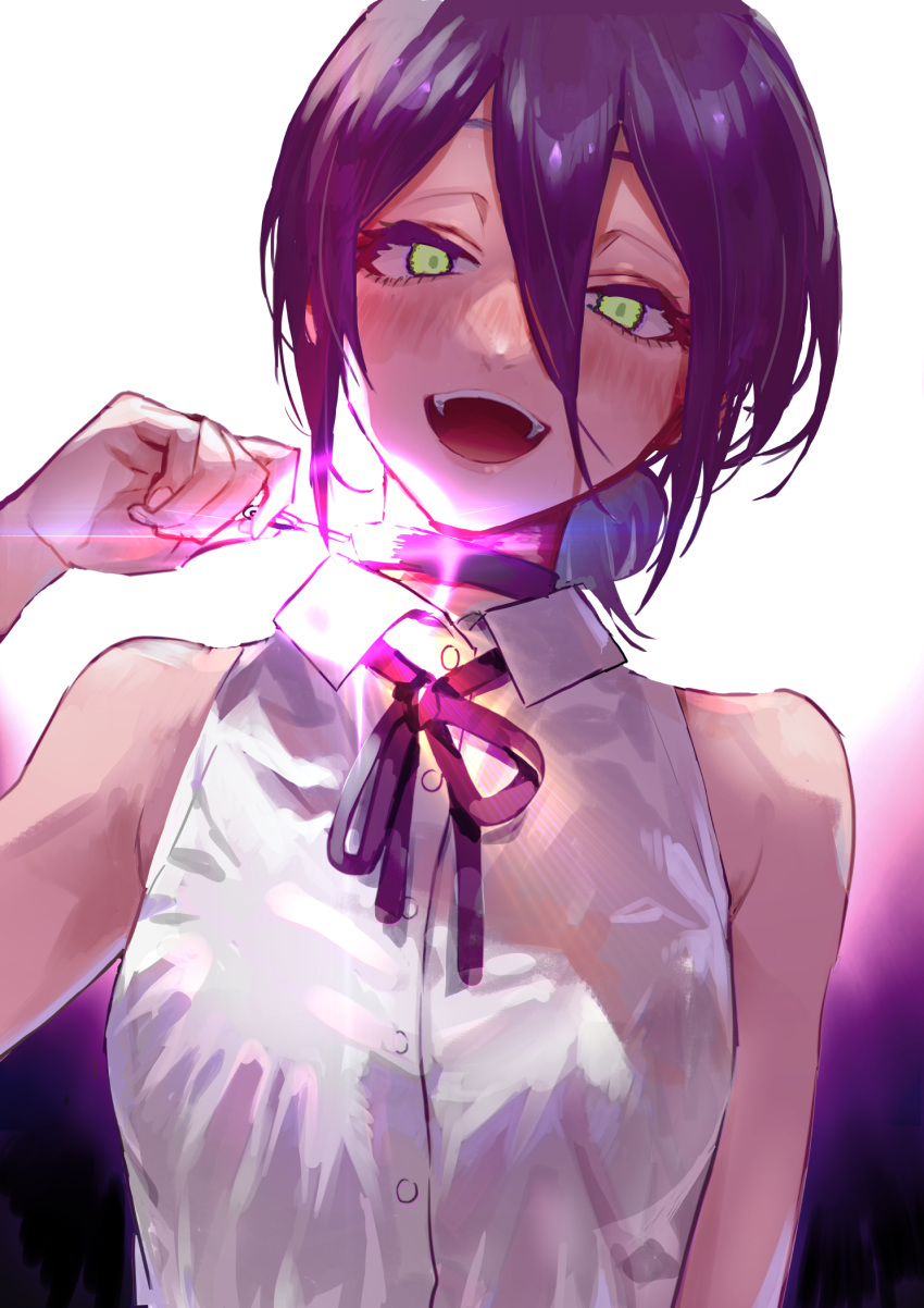 1girl, :d, black_choker, black_ribbon, blush, chainsaw_man, choker, collared_shirt
