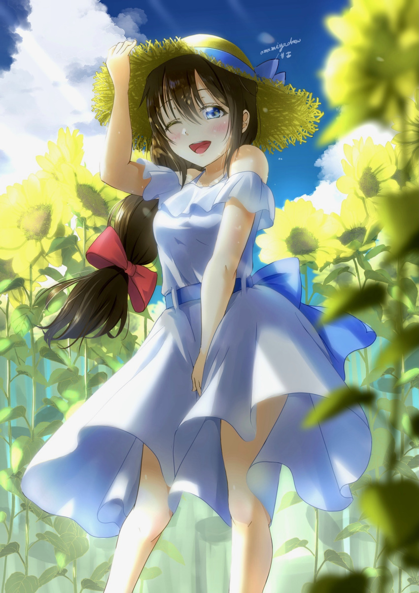 1girl, ;d, amamiya_(re-amamiya), arm_up, back_bow, blue_bow, blue_eyes, blue_ribbon