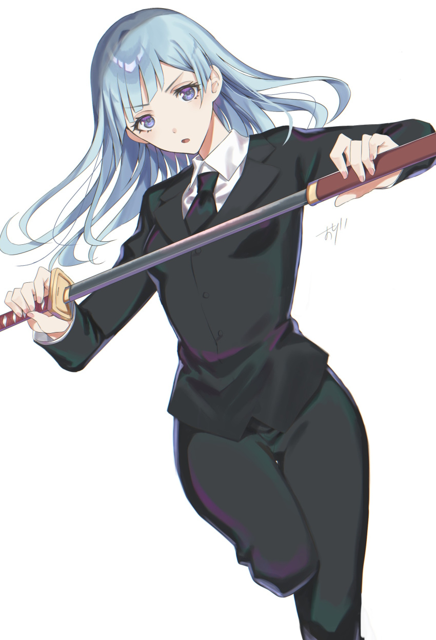 1girl, absurdres, black_jacket, black_neckwear, black_pants, blue_eyes, blue_hair, breasts, collared_shirt, floating_hair, formal, highres, holding, holding_sheath, holding_sword, holding_weapon, jacket, jujutsu_kaisen, leg_up, long_hair, long_sleeves, miwa_kasumi, necktie, open_mouth, oshage_(user_kpsn5534), pant_suit, pants, sheath, shiny, shiny_hair, shirt, simple_background, small_breasts, solo, suit, sword, thigh_gap, unsheathing, very_long_hair, weapon, white_background, white_shirt, wing_collar