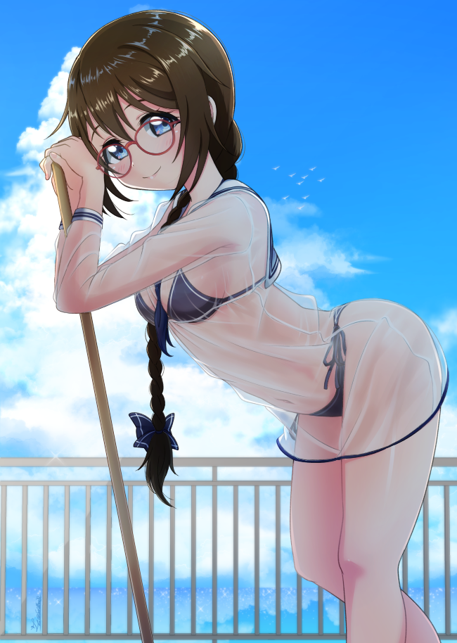 1girl, bangs, bikini, black_bikini, blue_eyes, blue_sky, braid, breasts