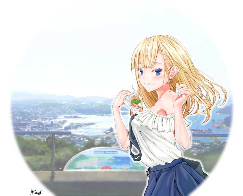 1girl, absurdres, anchor_earrings, aqua_nails, bangs, blonde_hair, blue_eyes, blue_skirt, blush, breasts, burger, day, earrings, food, highres, holding, holding_food, huge_filesize, jewelry, long_hair, looking_at_viewer, medium_breasts, mole, mole_under_eye, nagisa_nagi, nail_polish, original, outdoors, shirt, signature, skirt, solo, white_shirt
