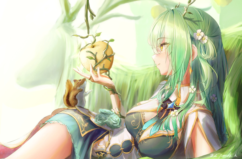1girl, absurdres, apple, breasts, ceres_fauna, closed_mouth, deer_antlers, dress, earrings, eyebrows_visible_through_hair, flower, food, from_side, fruit, golden_apple, green_dress, green_hair, hair_flower, hair_ornament, highres, holding, holding_food, holding_fruit, hololive, hololive_english, huge_filesize, jewelry, large_breasts, long_hair, lying, nature, on_side, plant, profile, ring, s_panda_k, signature, smile, solo, squirrel, vines, virtual_youtuber, yellow_eyes