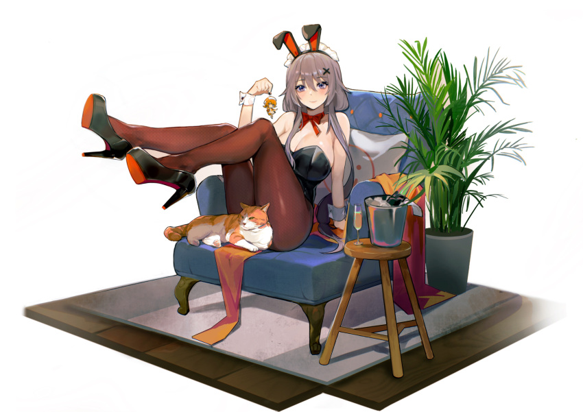 1girl, absurdres, animal_ears, black_footwear, black_legwear, black_leotard, breasts, cat