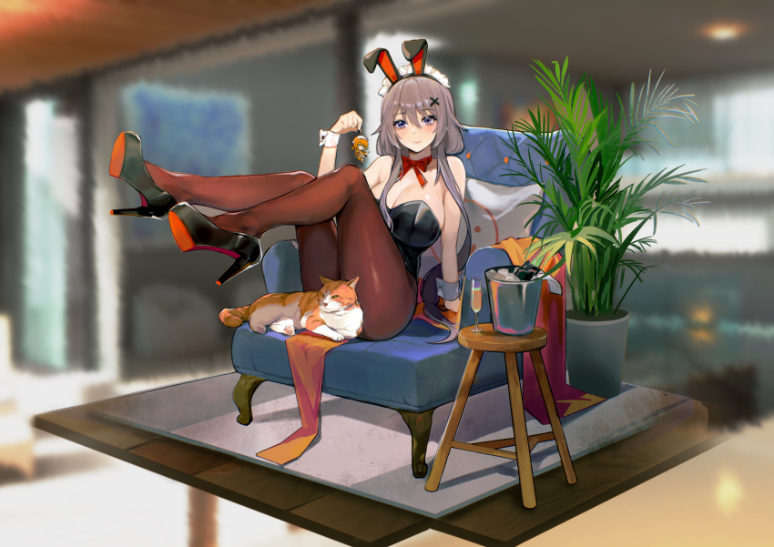 1girl, absurdres, animal_ears, black_footwear, black_legwear, black_leotard, blurry, blurry_background