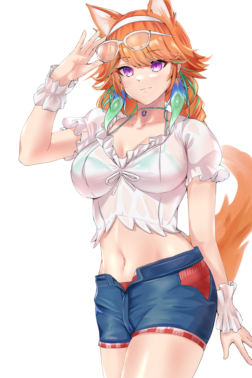 1girl, absurdres, animal_ears, bikini, bikini_top, bikini_under_clothes, blouse, breasts
