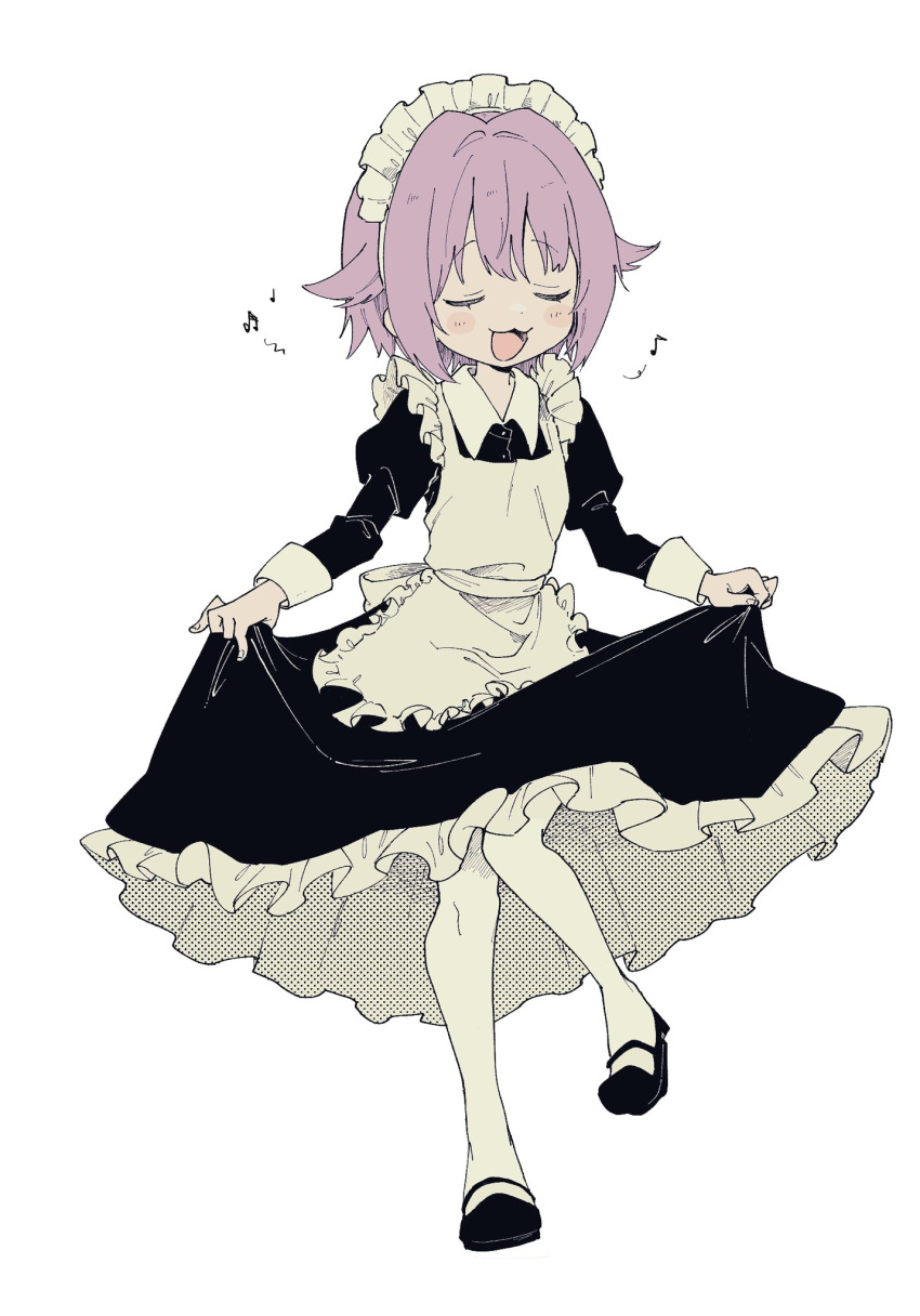 1girl, :3, :d, alternate_costume, apron, bangs, beamed_eighth_notes, black_footwear