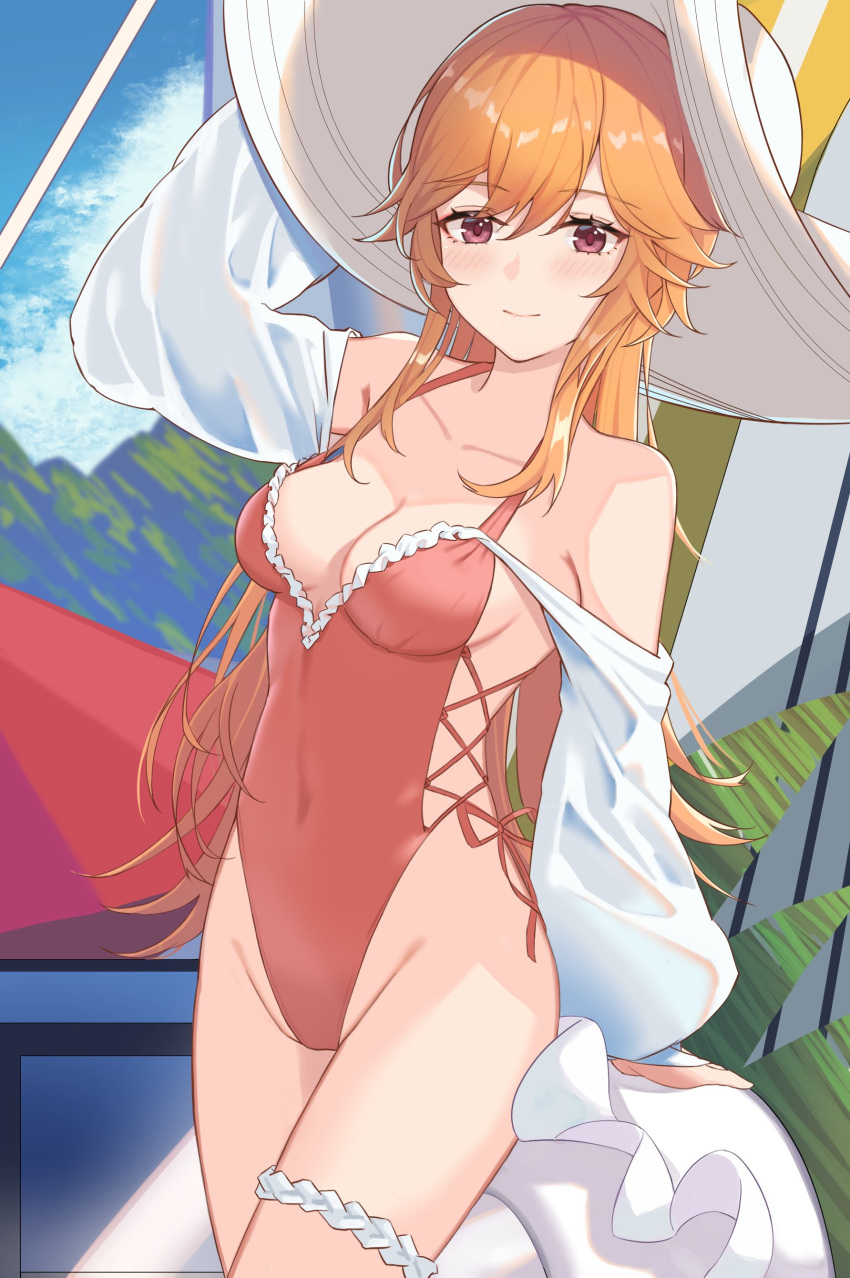 1girl, absurdres, arm_up, azur_lane, bangs, bare_shoulders, blue_sky, breasts