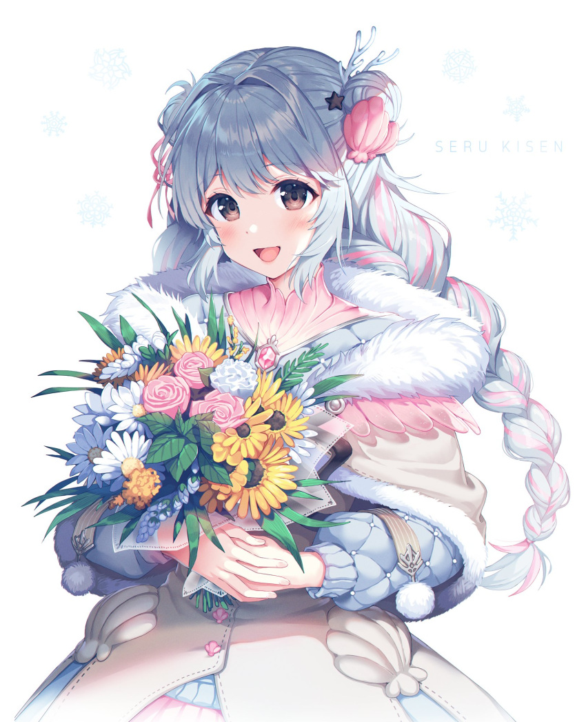 1girl, :d, aqua_hair, bangs, bouquet, braid, brown_eyes, character_name, commentary, copyright_request, double_bun, english_commentary, flower, fur_trim, hair_bun, hair_intakes, hair_ornament, highres, holding, holding_bouquet, long_hair, looking_at_viewer, multicolored_hair, open_mouth, pink_hair, satchely, seru_kisen, smile, solo, two-tone_hair, upper_body, virtual_youtuber