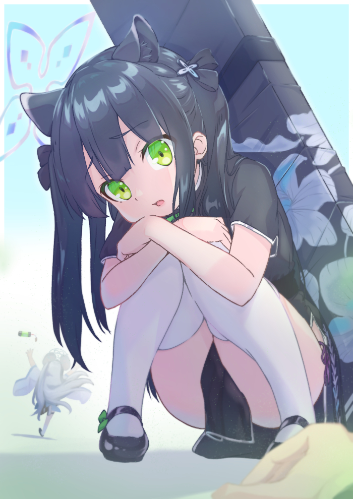 animal_ears, black_hair, blue_archive, commentary_request, fleeing, green_eyes, hair_ornament, halo