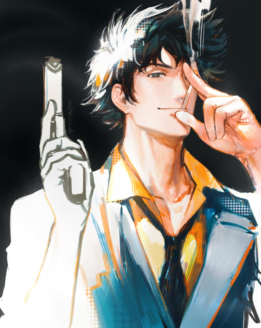 1boy, black_hair, black_neckwear, brown_eyes, cigarette, collarbone, collared_shirt, cowboy_bebop