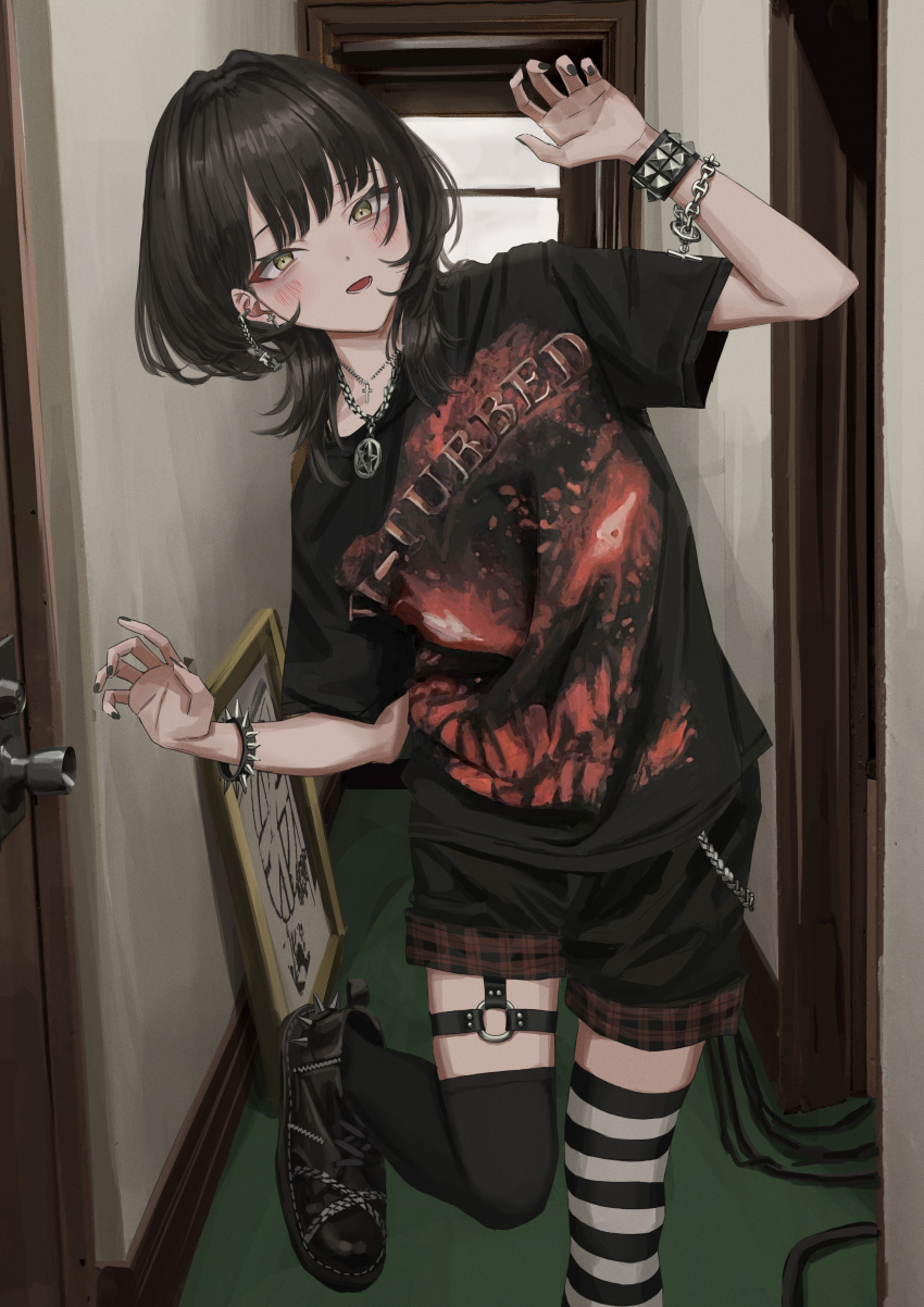1girl, :d, absurdres, ankle_boots, asymmetrical_legwear, black_hair, black_legwear, black_nails, black_shirt, black_shorts, blush, boots, bracelet, chain, disturbed_(band), earrings, fingernails, hallway, hands_up, head_tilt, highres, jewelry, leaning_to_the_side, looking_at_viewer, medium_hair, merchandise, mismatched_legwear, nadegata, nail_polish, necklace, o-ring_thigh_strap, open_mouth, original, pentagram, shirt, shorts, smile, solo, spiked_boots, spiked_bracelet, spikes, standing, standing_on_one_leg, striped, striped_legwear, studded_bracelet, thigh-highs, yellow_eyes