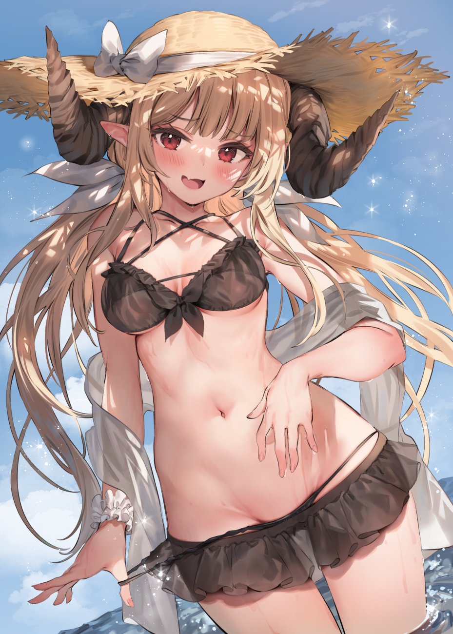 1girl, bangs, banned_artist, bikini, black_bikini, blonde_hair, blue_sky, blunt_bangs