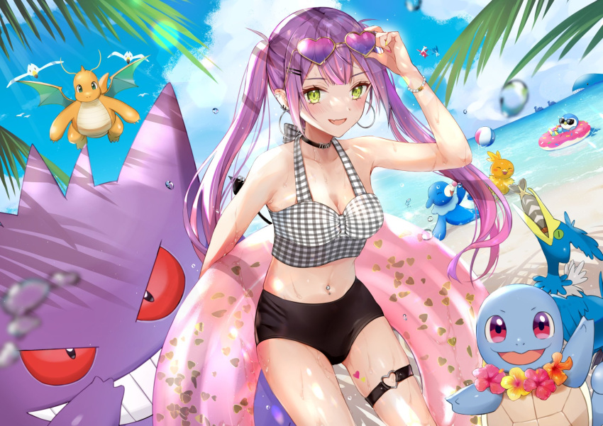 1girl, adjusting_eyewear, arrokuda, ball, bangs, bare_arms, bare_shoulders, beach