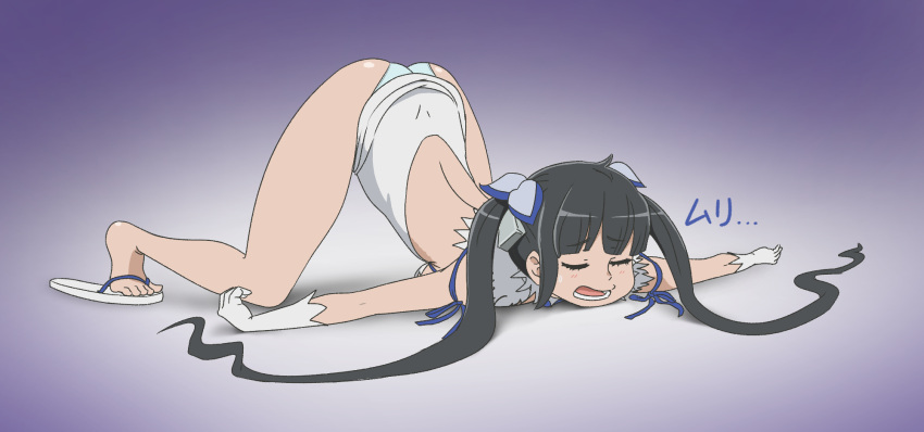 1girl, ass, black_hair, blue_ribbon, dress, dungeon_ni_deai_wo_motomeru_no_wa_machigatteiru_darou_ka, flip-flops, gloves