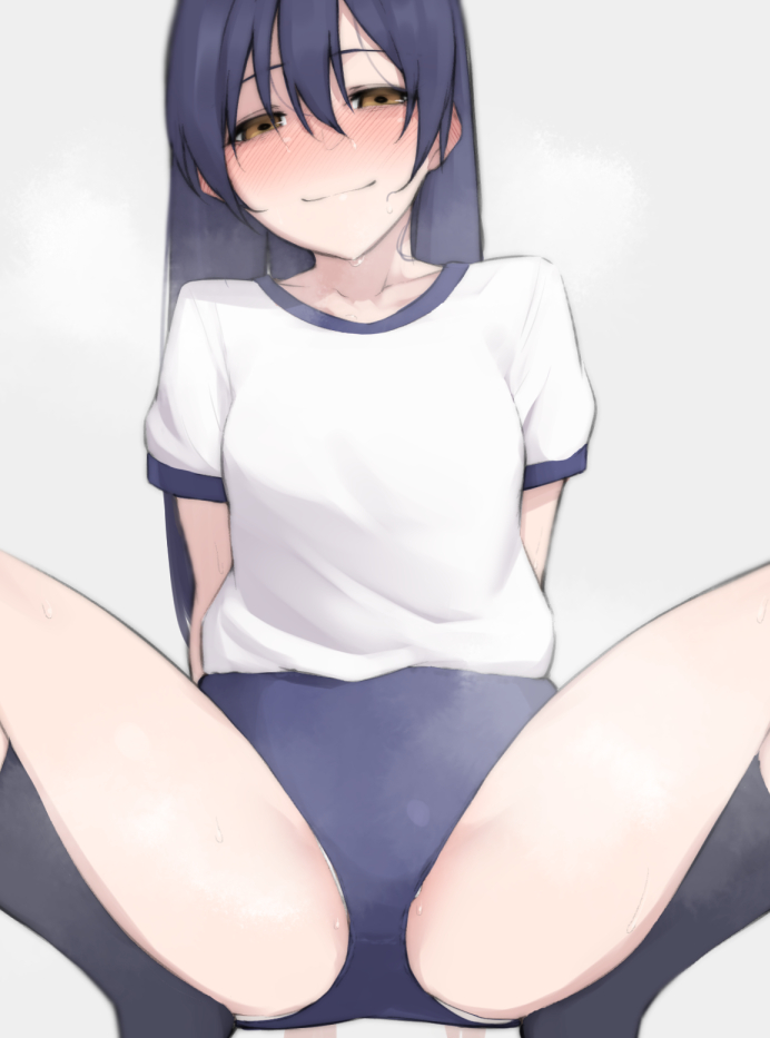 1girl, black_legwear, blush, closed_mouth, commission, grey_background, long_hair, looking_at_viewer