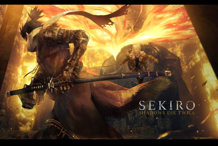2boys, battle, black_border, black_hair, border, copyright_name, cowboy_shot, embers, facing_away, fighting_stance, fire, fur_collar, great_shinobi_owl, haori, holding, holding_sheath, holding_sword, holding_weapon, japanese_clothes, katana, letterboxed, long_hair, mono_(jdaj), multiple_boys, prosthesis, prosthetic_arm, ready_to_draw, scabbard, scarf, sekiro, sekiro:_shadows_die_twice, sheath, sheathed, short_hair, short_ponytail, standing, statue, sword, weapon, white_scarf