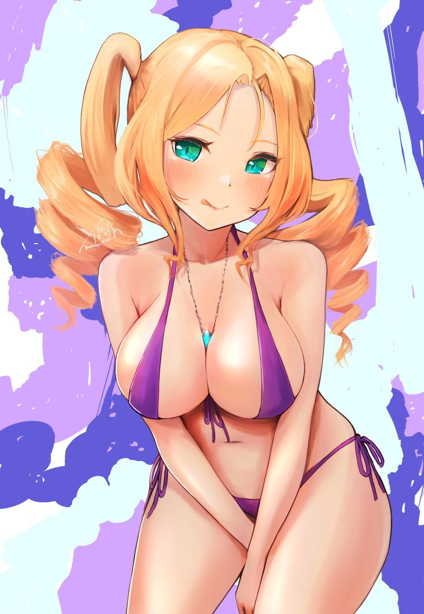 1girl, absurdres, alternate_costume, aqua_eyes, bikini, blonde_hair, breasts, drill_hair