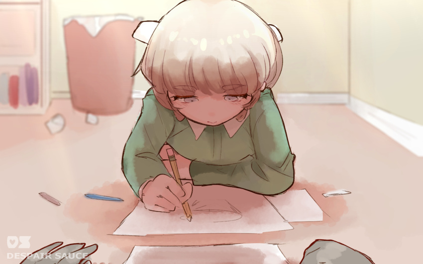 1boy, arm_support, bangs, blonde_hair, blush, dangan_ronpa_(series), dangan_ronpa_another_episode:_ultra_despair_girls, despair_sauce