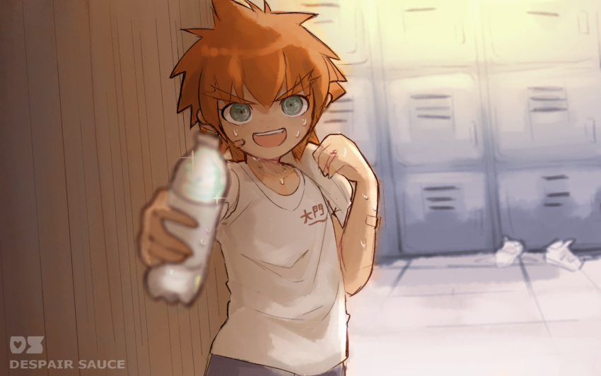 1boy, :d, artist_name, bangs, bottle, collarbone, commentary, daimon_masaru_(dangan_ronpa)