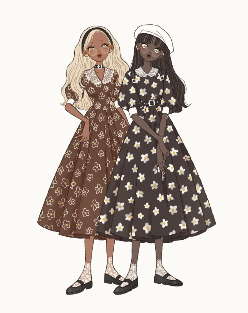 2girls, bangs, belt, beret, black_dress, black_footwear, black_hair, blonde_hair
