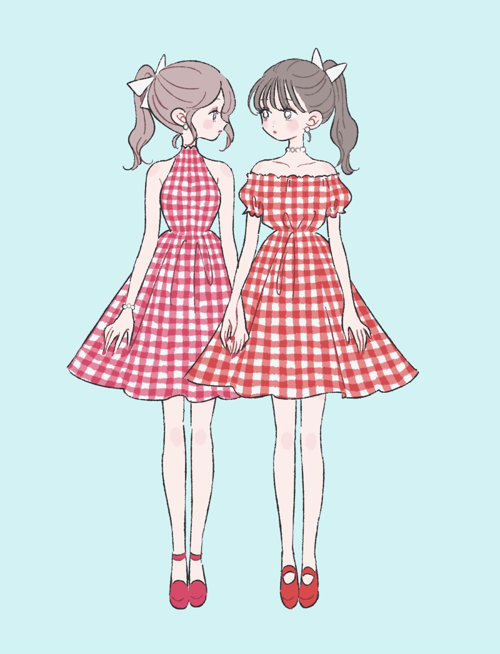 2girls, blue_background, bow, brown_hair, color_coordination, dress, earrings, frills