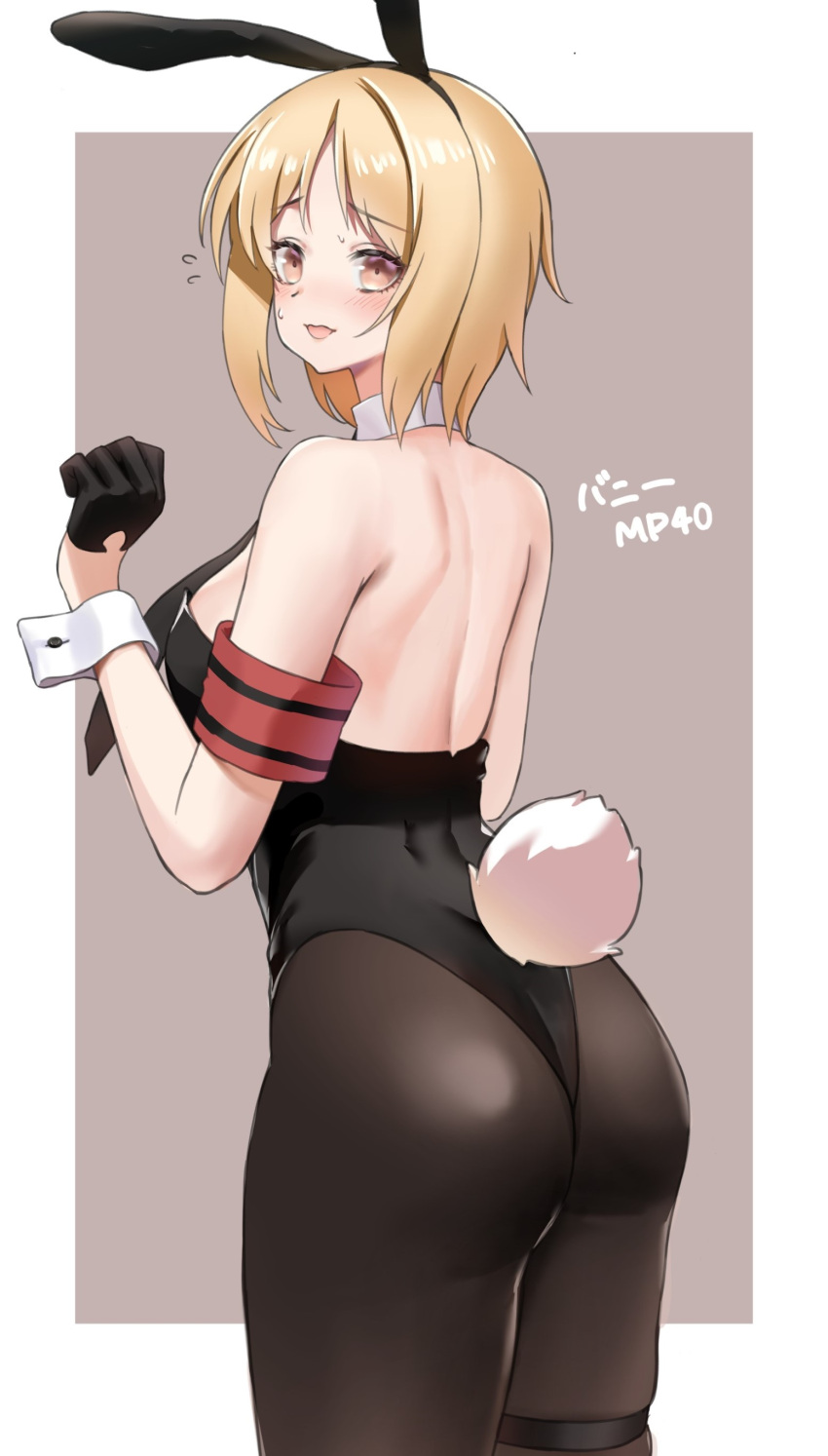 1girl, absurdres, animal_ears, armband, ass, back, black_legwear, black_leotard