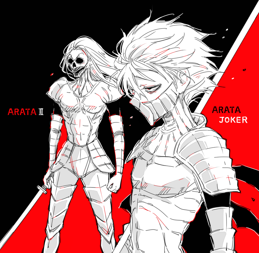 2boys, abara_hanbee, armor, awara_kayu, bangs, black_background, commentary_request, floating_hair