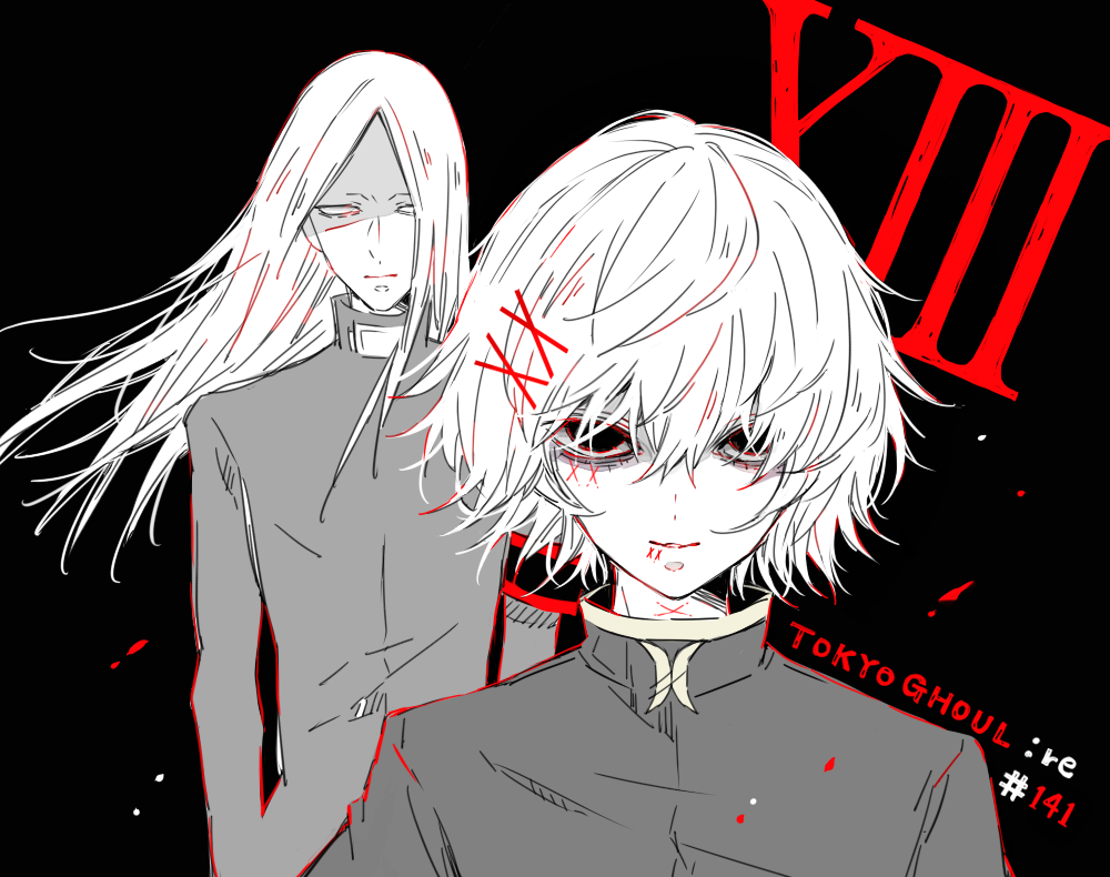 2boys, abara_hanbee, awara_kayu, bangs, black_armband, black_background, closed_eyes, commentary_request