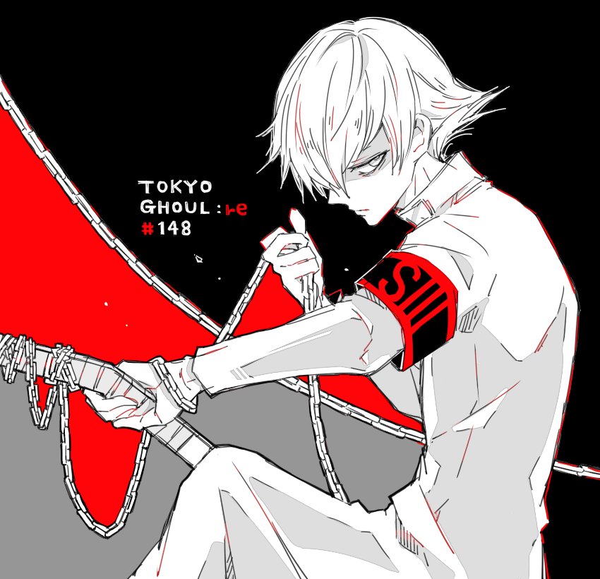 1boy, awara_kayu, bangs, black_armband, black_background, chain, commentary_request, copyright_name