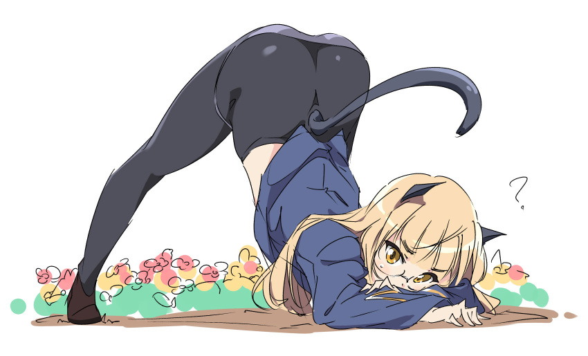 1girl, 501st_joint_fighter_wing, animal_ears, black_legwear, blonde_hair, cat, cat_ears, cat_girl, cat_tail, highres, looking_at_viewer, meme, panties, panties_under_pantyhose, pantyhose, perrine_h._clostermann, solo, strike_witches, tail, umanosuke, underwear, world_witches_series, yellow_eyes