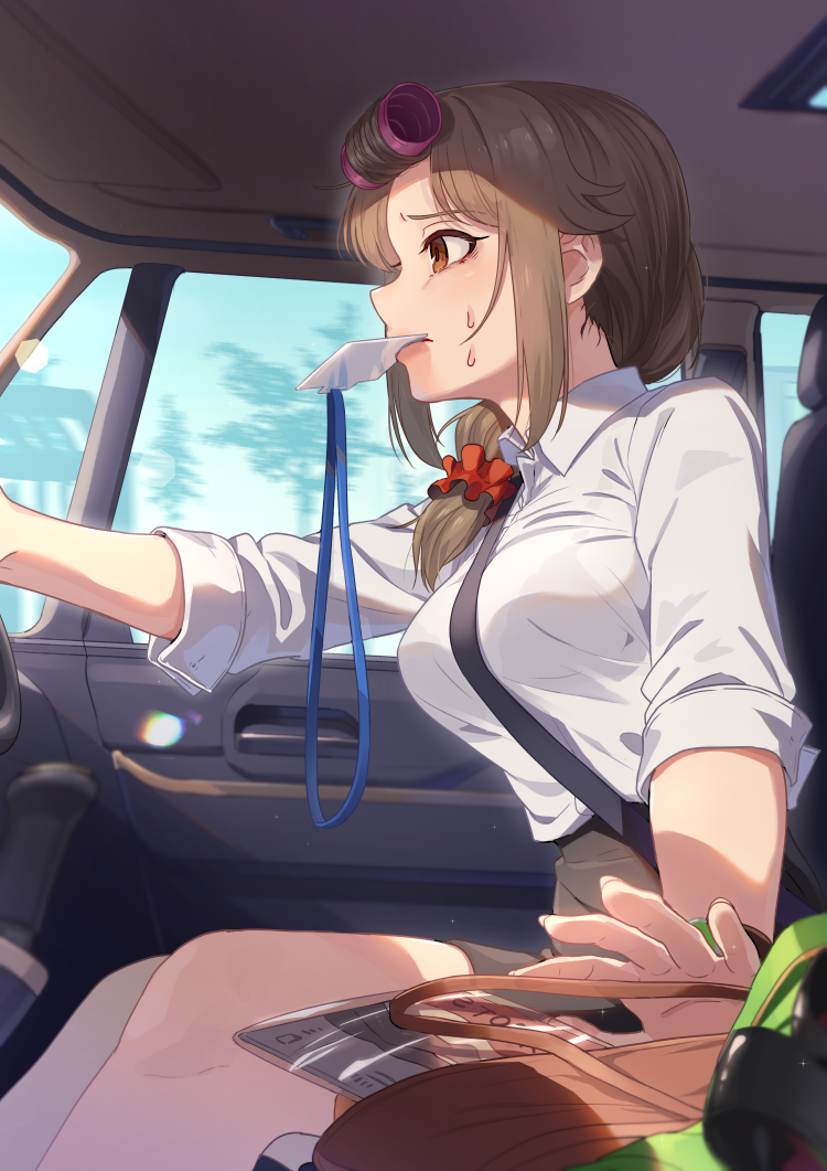 1girl, bag, bangs, black_bra, black_skirt, blurry, blurry_foreground, bra, bra_through_clothes, braid, brown_bag, brown_eyes, brown_hair, car, car_interior, collared_shirt, commentary_request, dress_shirt, driving, from_side, gear_shift, ground_vehicle, hair_ornament, hair_over_shoulder, hair_rollers, hair_scrunchie, handbag, high-waist_skirt, idolmaster, idolmaster_cinderella_girls, kamille_(vcx68), lanyard, light_particles, long_hair, miniskirt, motion_blur, motor_vehicle, mouth_hold, pencil_skirt, red_scrunchie, scrunchie, seatbelt, see-through, senkawa_chihiro, shirt, sidelocks, single_braid, sitting, skirt, solo, steering_wheel, sunlight, sweatdrop, tree, underwear