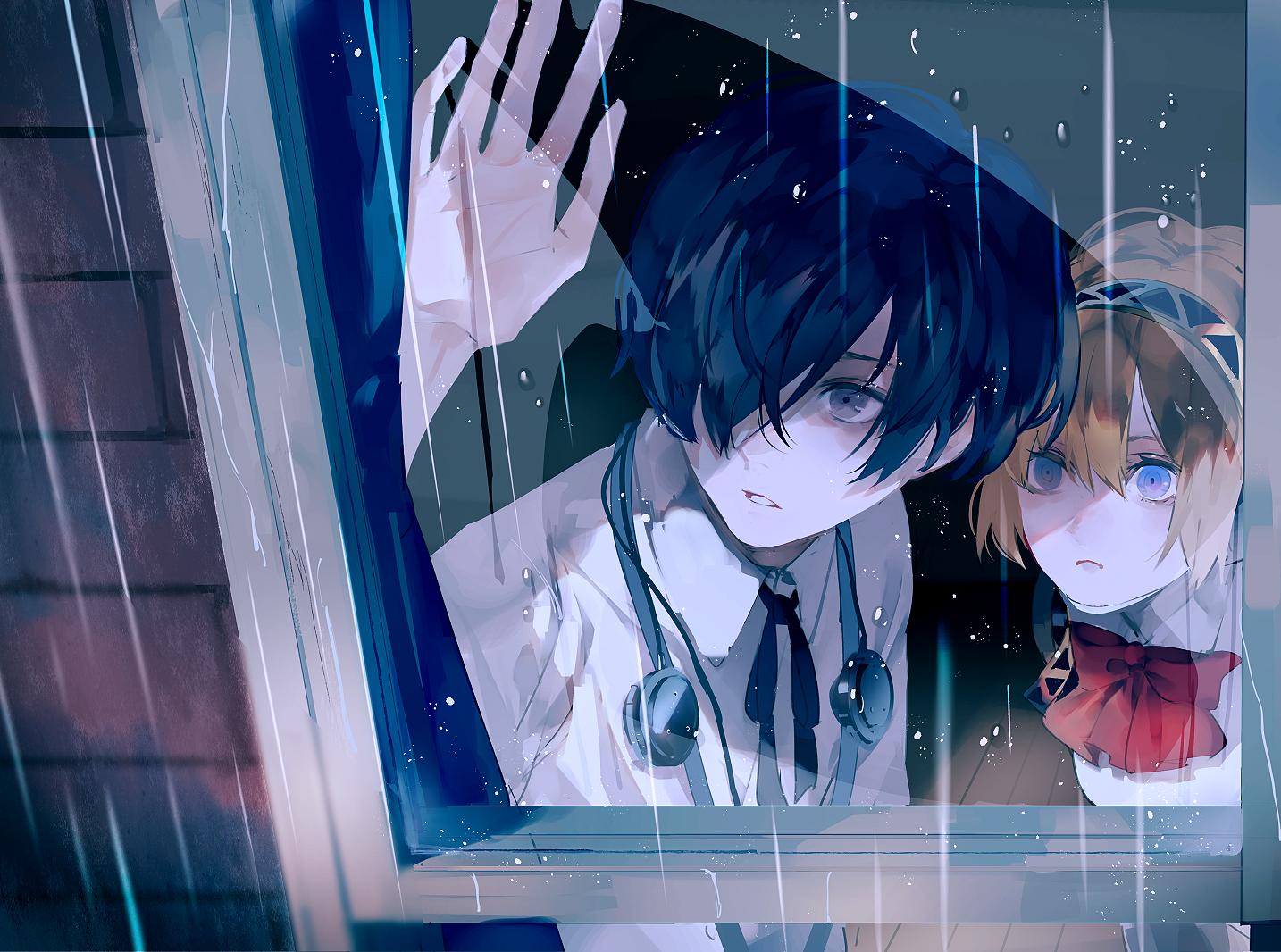1boy, 1girl, aegis_(persona), android, bangs, black_neckwear, black_ribbon, blonde_hair