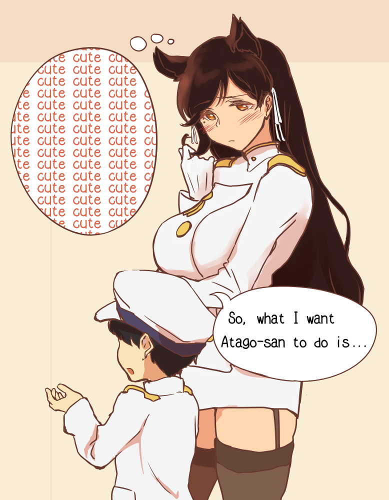 1boy, 1girl, age_difference, animal_ears, atago_(azur_lane), azur_lane, black_hair, breasts