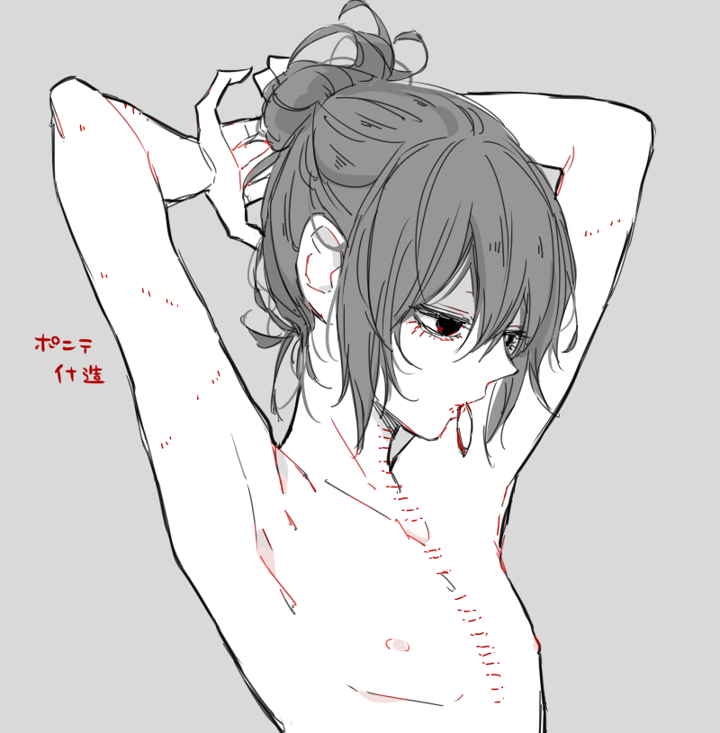 1boy, adjusting_hair, alternate_hairstyle, androgynous, armpits, arms_up, awara_kayu, bangs