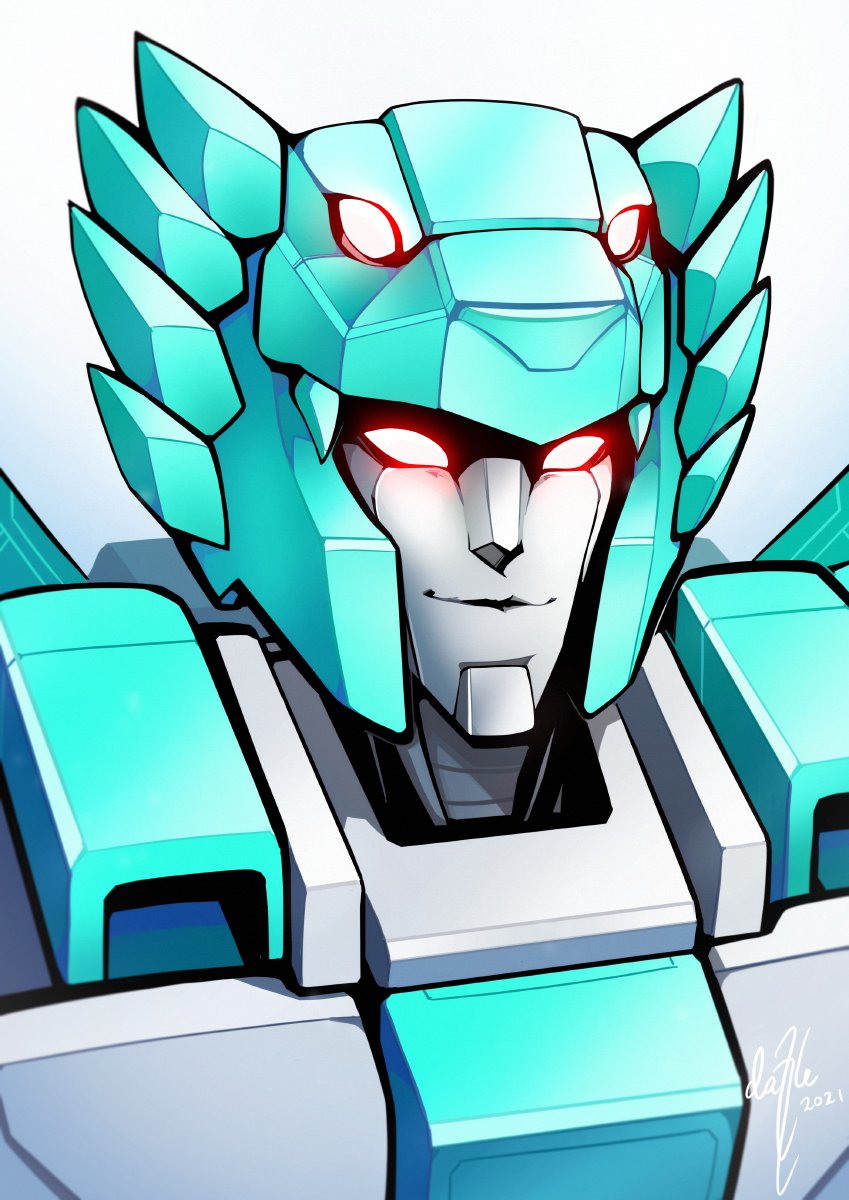 1girl, 2021, dazzle_(dazzledictator), decepticon, english_commentary, extra_eyes, glowing, glowing_eyes, highres, lyzack, mecha, no_humans, portrait, red_eyes, science_fiction, signature, solo, transformers, transformers_victory