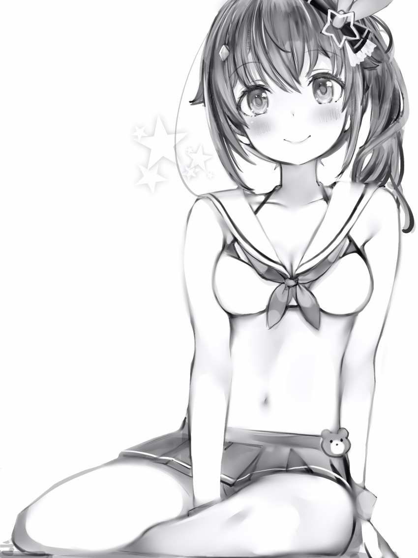1girl, ankimo_(tokino_sora), bare_arms, between_legs, bikini_skirt, blush, bow, breasts