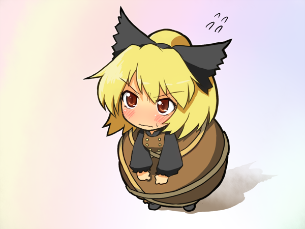 [], angry, blonde_hair, blush, bow, chibi, flying_sweatdrops, from_above, hair_bow, kurodani_yamame, large_bow, pout, red_eyes, solo, standing, sweatdrop, touhou