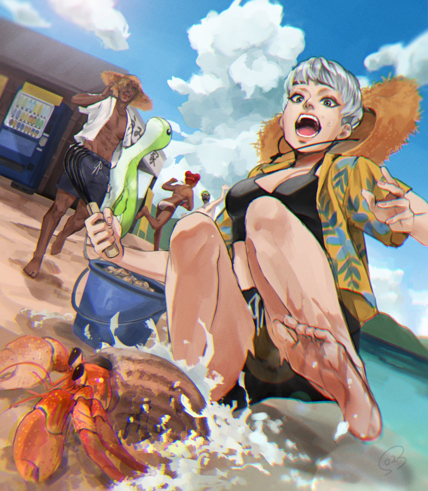 2boys, 2girls, abs, apex_legends, barefoot, bikini, black_shorts, blonde_hair