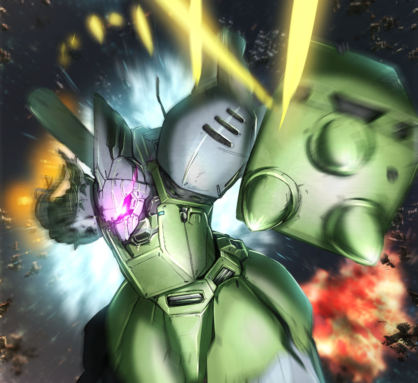damaged, explosion, fujikusa, gelgoog_marine, glowing, glowing_eye, gundam, gundam_0083